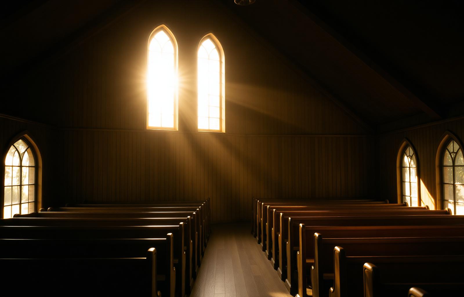 Sunlight pouring through arched windows of an empty wooden sanctuary